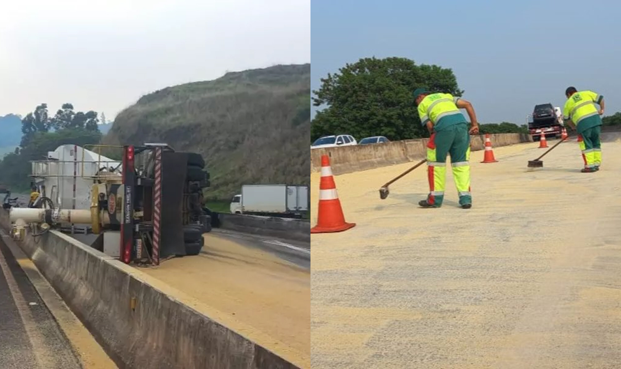 Caminhão, carregado com ração, tomba na rodovia PR-862 em Ibiporã