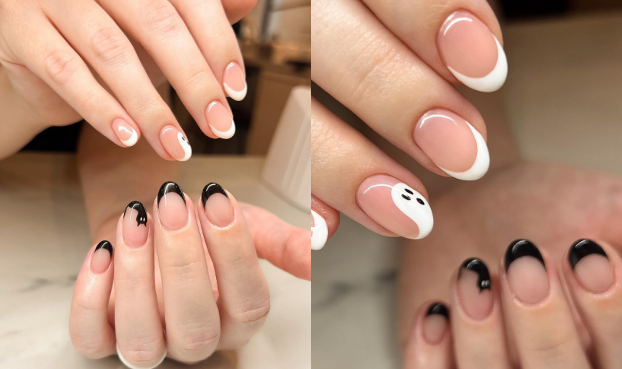 Detalhe das mãos de uma manicure pintando as unhas com um desenho de  esmalte preto