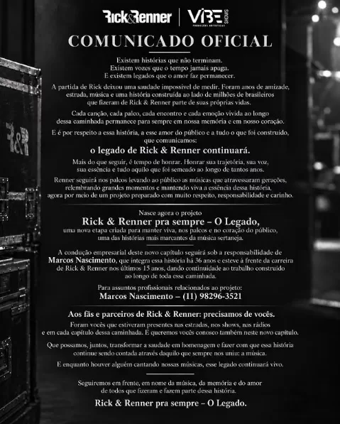 Renner anuncia novo projeto para manter legado de Rick nos palcos